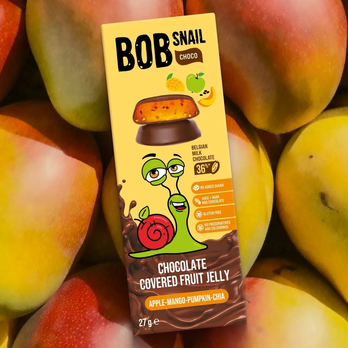 Bob Snail Fruit Jellies in Belgian Chocolate, Apple-Mango-Pumpkin-Chia - 27 g