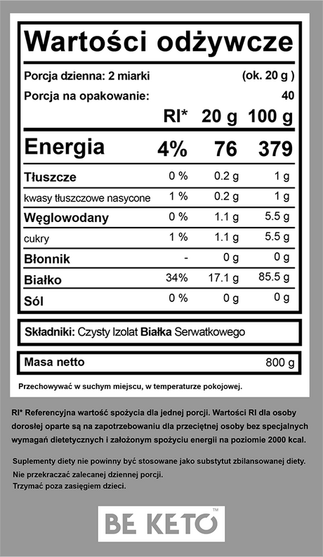 BeKeto Pure Protein Isolate, Unflavoured - 800 g